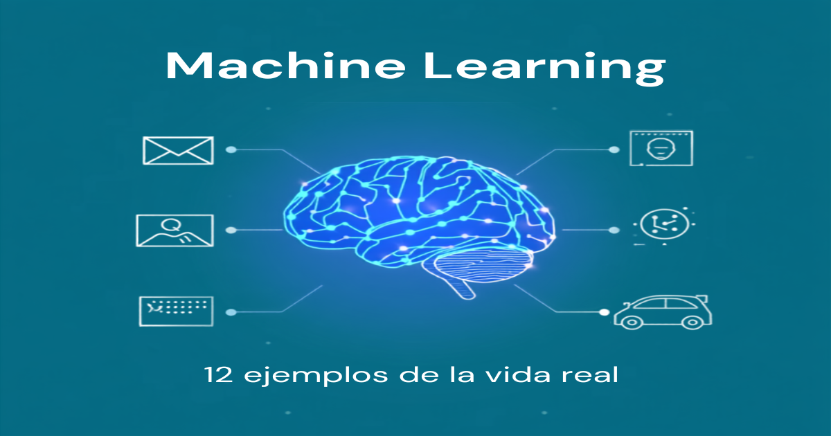 Red neuronal rodeada de ejemplos cotidianos de machine learning