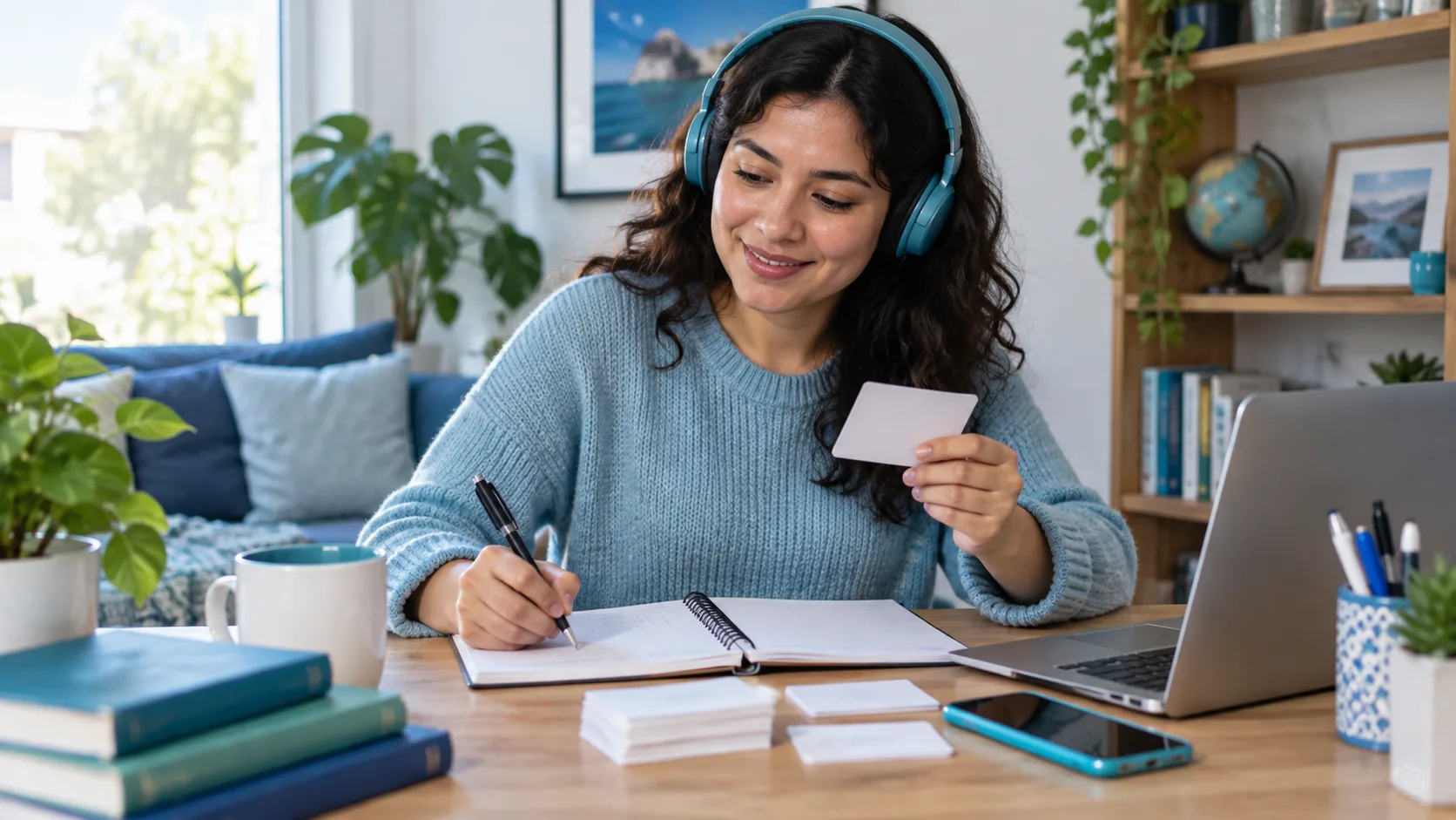 Estudiante practica inglés con auriculares, tarjetas y teléfono