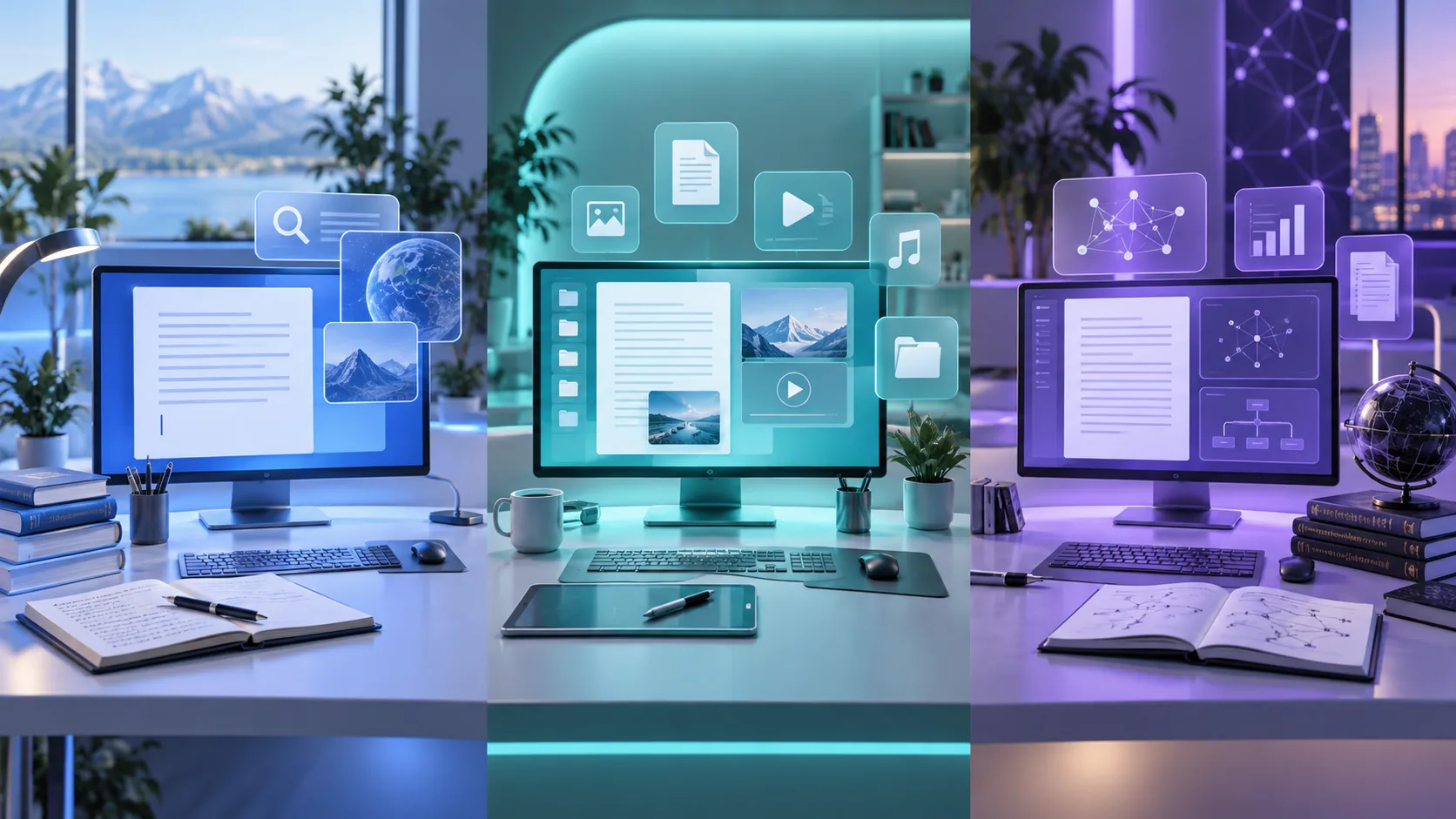 Tres espacios de trabajo abstractos para comparar asistentes de inteligencia artificial