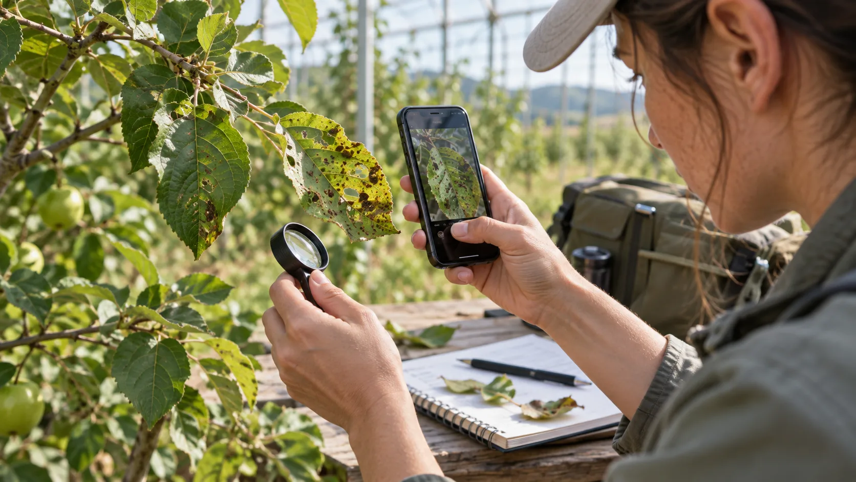 Técnica fotografía hojas dañadas y las observa con una lupa