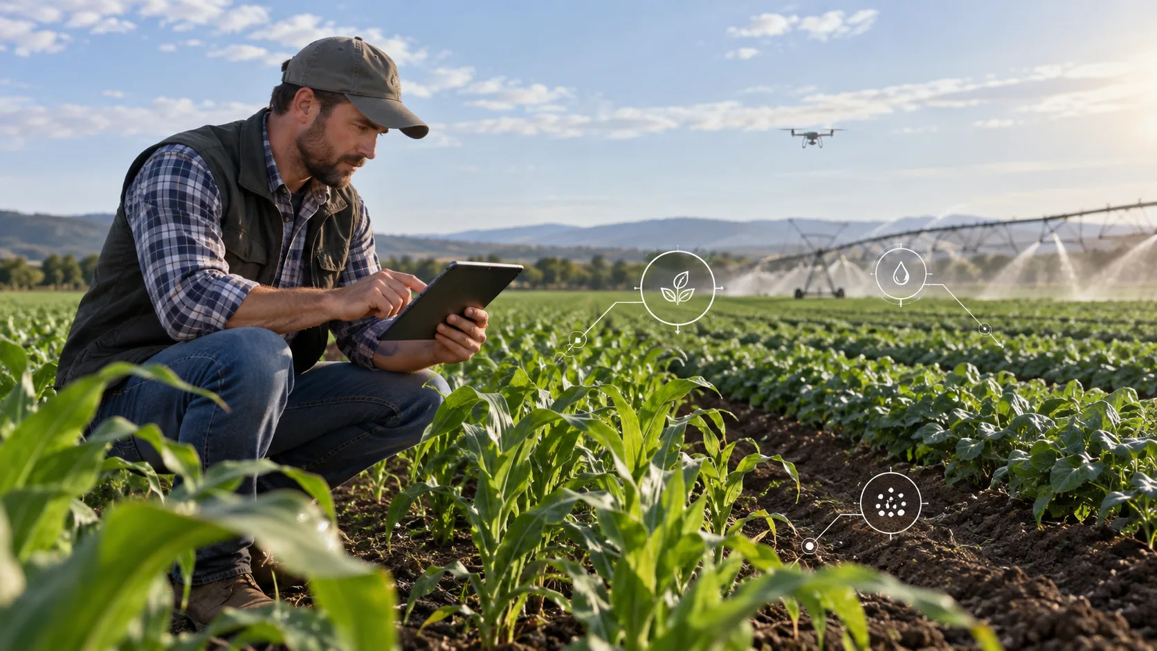 Agricultor consulta datos de cultivo e irrigación en una tableta