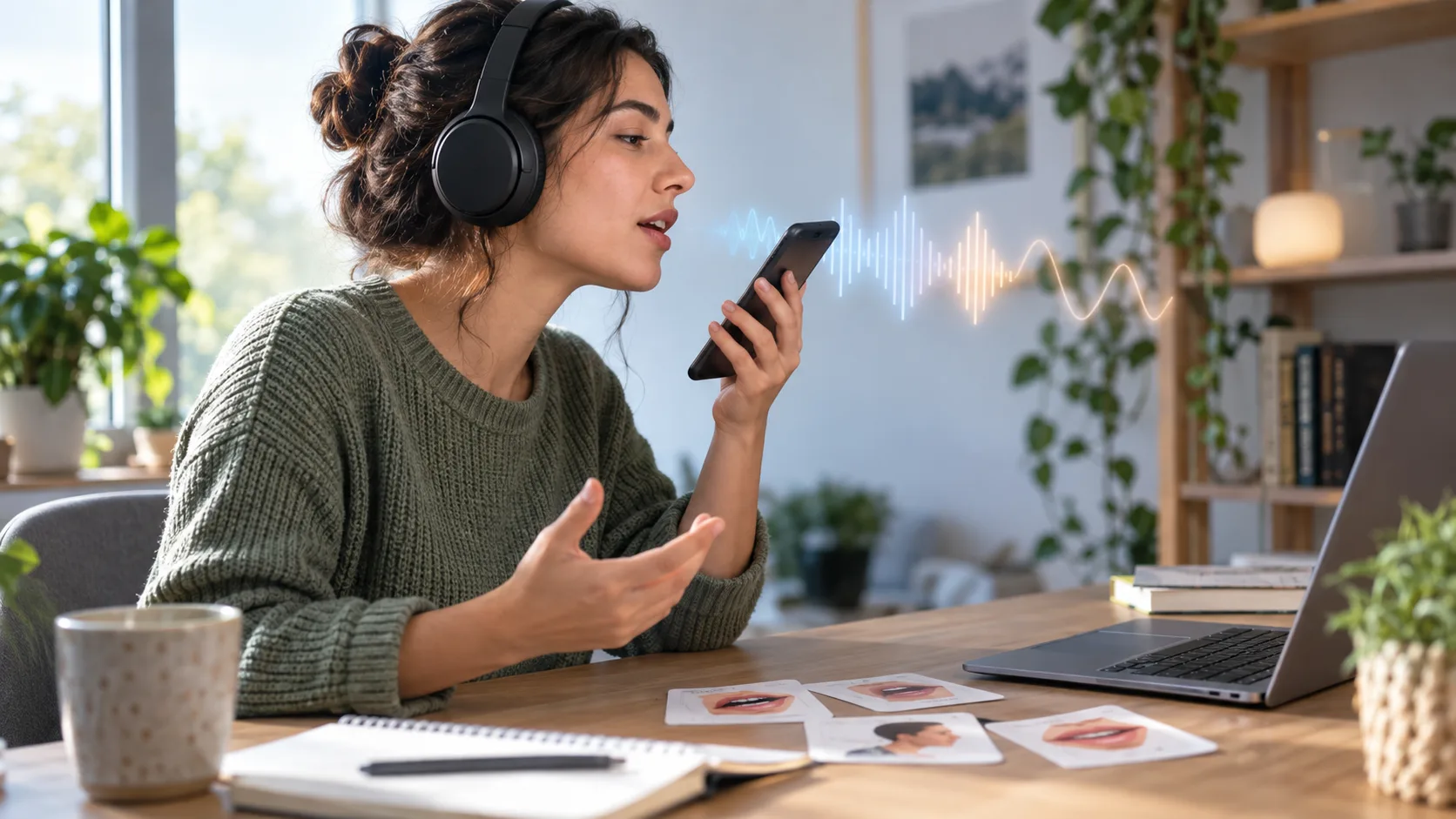 Estudiante practica pronunciación inglesa con auriculares y teléfono